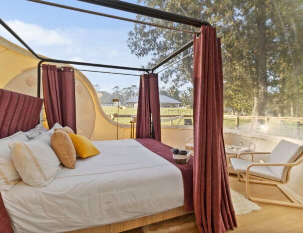 Snuggle into a stylish four-poster bed inside your dome while soaking in the surrounding pastures and pines. The perfect mix of elegance and rustic retreat.