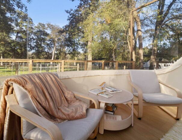 Enjoy a morning read or quiet afternoon from the comfort of your dome’s indoor lounge space. With plush seating and panoramic views of the surrounding forest, it’s the ultimate indoor-outdoor experience.