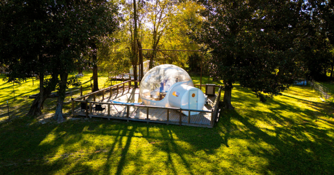 luxury dome glamping setup during a winter getaway